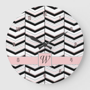 Black White and Blush Chevron Clock