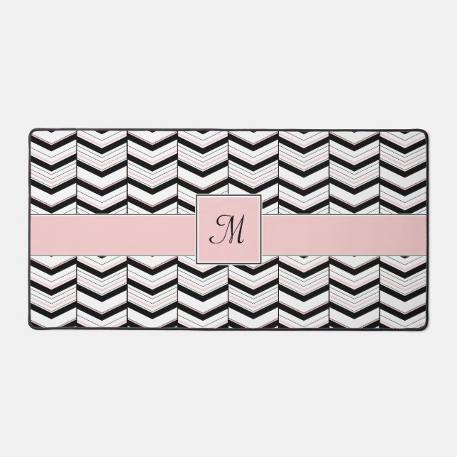 Black White and Blush Chevron Desk Mat (Front)