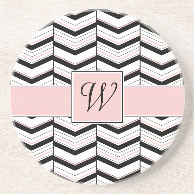 Black White and Blush Chevron Sandstone Coaster (Front)