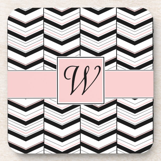 Black White and Blush Chevron Square Coaster (Front)