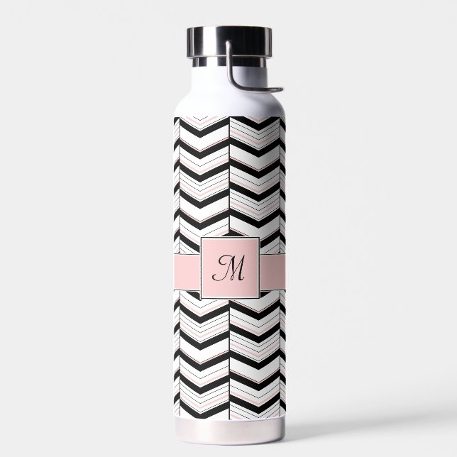 Black White and Blush Chevron Water Bottle (Left)
