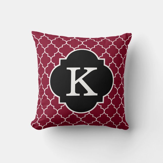 Black White and Burgundy Quatrefoil Monogram Cushion (Front)
