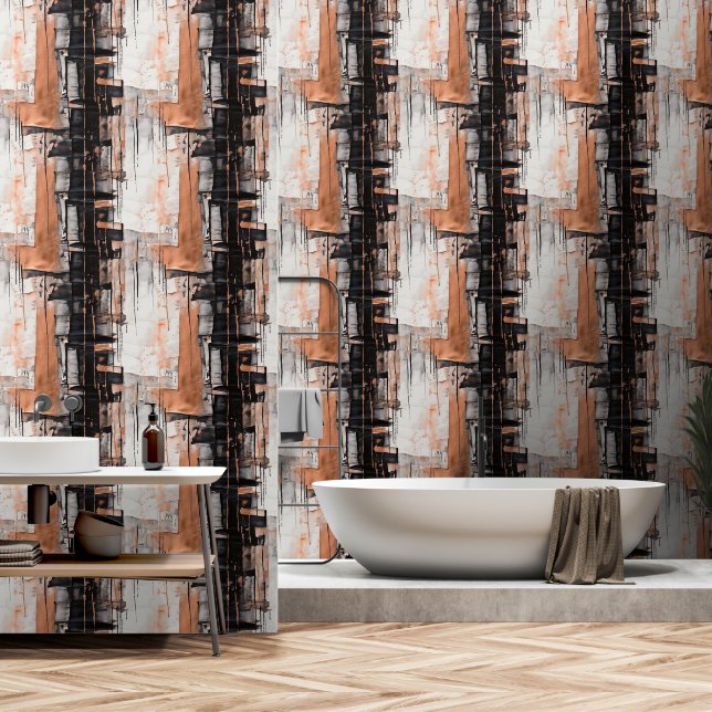 Black, White and Copper Abstract Dripping Paint Wallpaper (Bathroom)