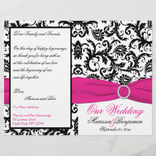 Black, White, and Fuchsia Damask Wedding Program