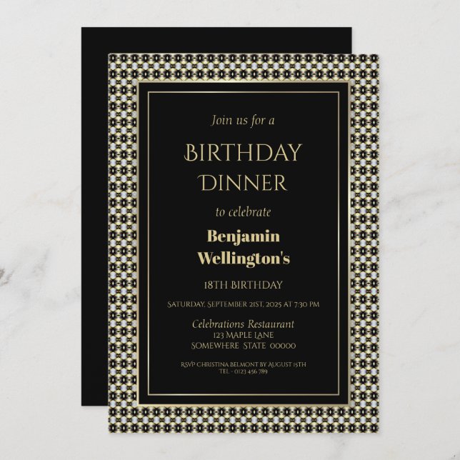 Black White and Gold 18th Birthday Dinner Invitation (Front/Back)