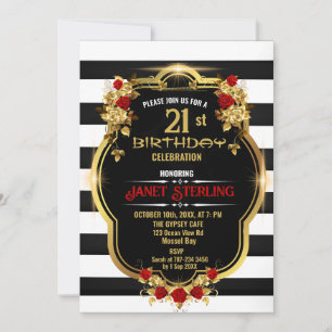 Black , White and Gold 21 st  Invitation