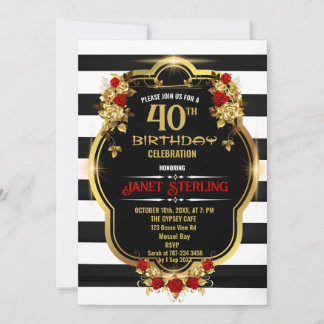 Black ,White and Gold 40th Birthday Invitation