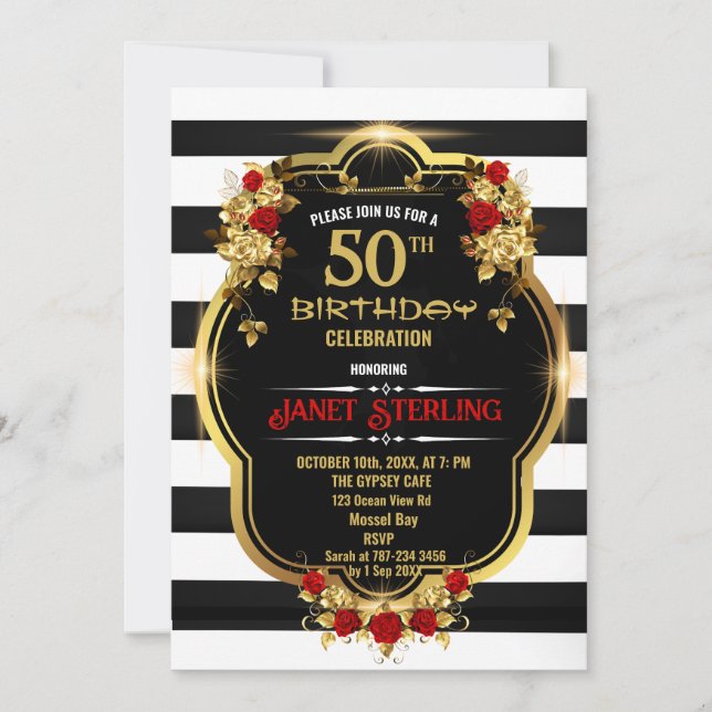 Black ,White and Gold 50th Birthday Invitation (Front)
