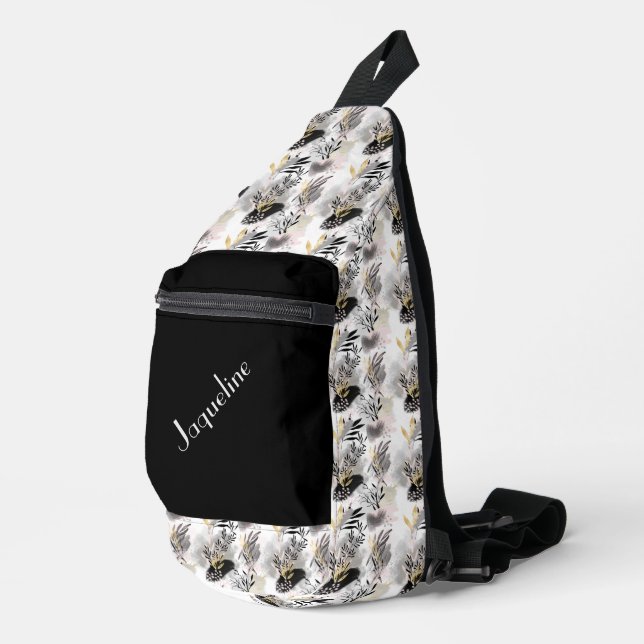 Black, White and Gold Abstract Pattern Sling Bag (Right Corner)