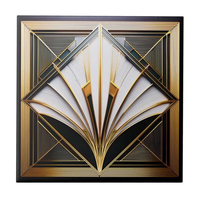 Black, White and Gold Art Deco Ceramic Tile. Ceramic Tile (Front)