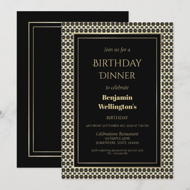 Black White and Gold Birthday Dinner Invitation (Front/Back)