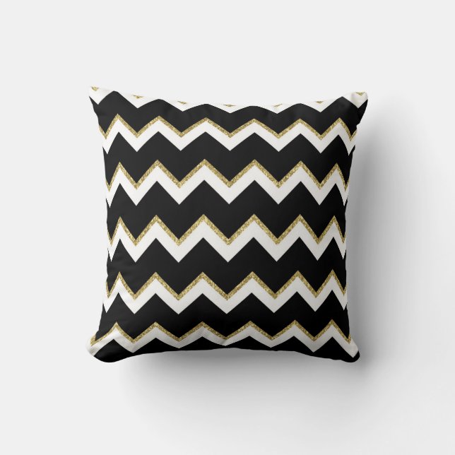 Black, White and Gold Chevron Pillow (Front)