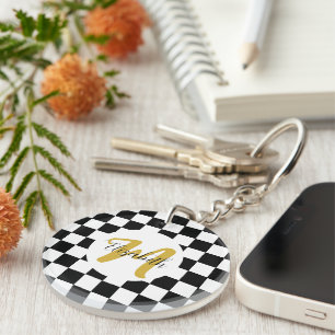 Black White and Gold Elegant Name &Monogram Key Ring