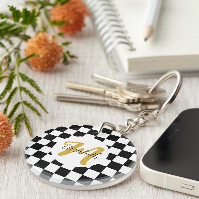 Black White and Gold Elegant Name &Monogram Key Ring (Front Right)