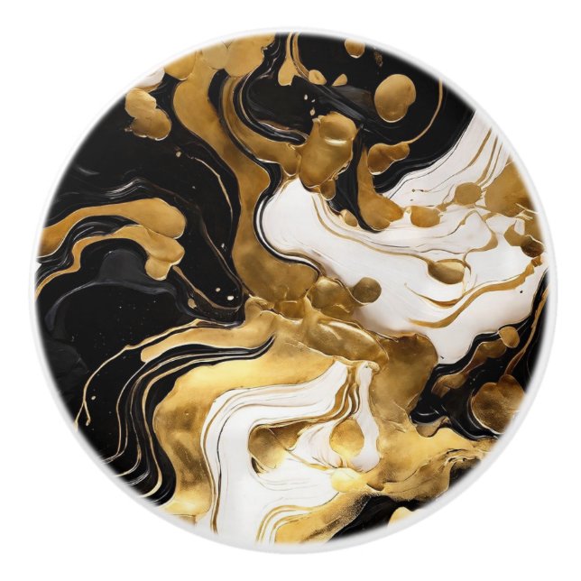 Black White and Gold Faux Marble  Ceramic Knob (Front)