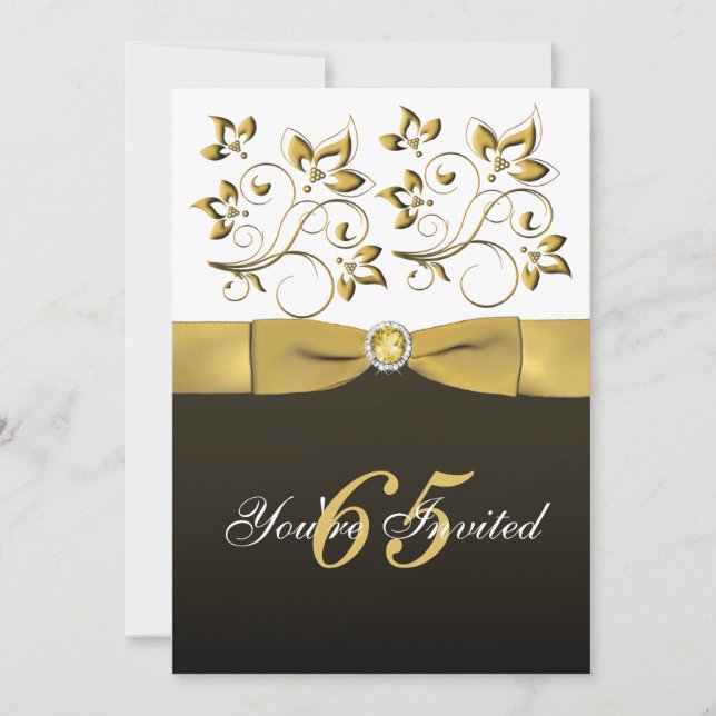 Black, White, and Gold Floral 65th Birthday Invite (Front)
