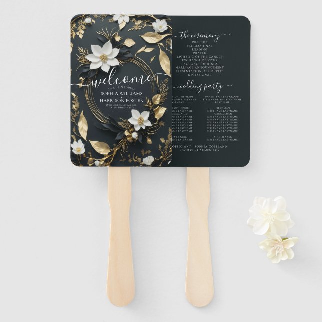 Black White and Gold Floral Wreath Wedding Program Hand Fan (Front and Back)
