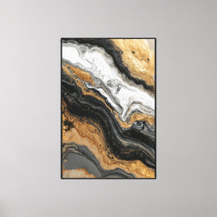 Black, White, and Gold Fluid Marble Abstract Wall Canvas Print