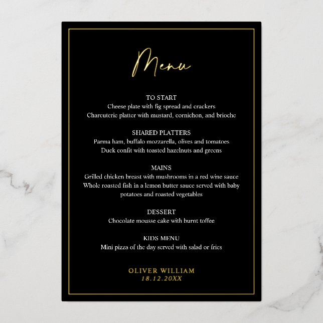 Black, White and Gold Foil Baptism Menu Card (Front)