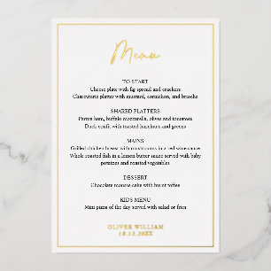 Black, White and Gold Foil Boy Baptism Menu Card