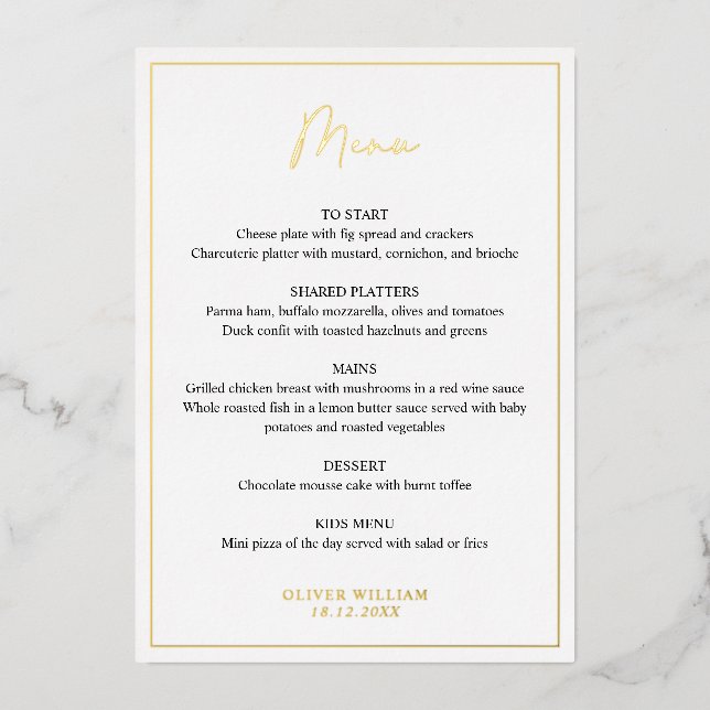 Black, White and Gold Foil Boy Baptism Menu Card (Front)