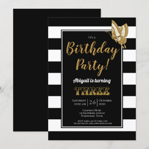 Black White and Gold Glitter 3rd Birthday Party Invitation