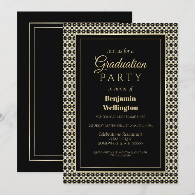 Black White and Gold Graduation Party Invitation (Front/Back)