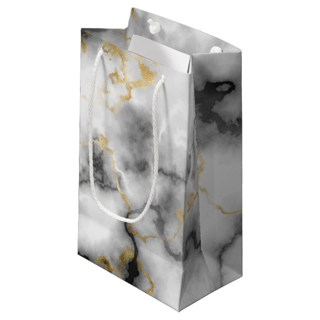 Black White and Gold Marble Pattern Small Gift Bag (Front Angled)
