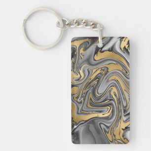 Black, White And Gold Marbled Oil Slick Abstract Key Ring