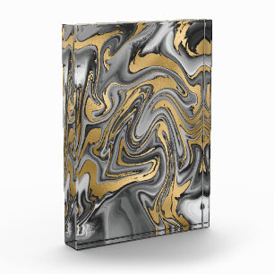 Black, White And Gold Marbled Oil Slick Abstract Photo Block