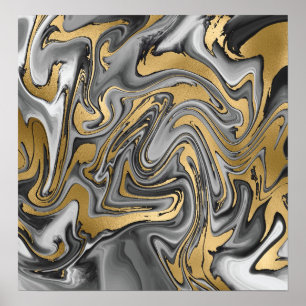 Black, White And Gold Marbled Oil Slick Abstract Poster