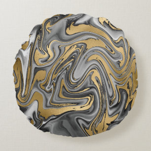 Black, White And Gold Marbled Oil Slick Abstract Round Cushion
