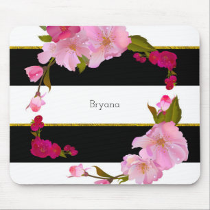 Black White and Gold Modern Floral Chic Glamour Mouse Pad