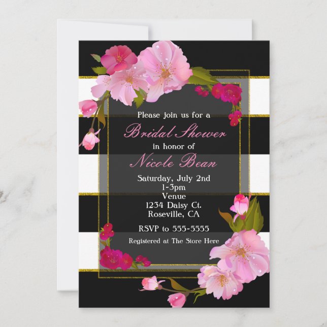 Black White and Gold Modern Floral Chic Party Invitation (Front)