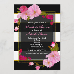 Black White and Gold Modern Floral Chic Party Invitation