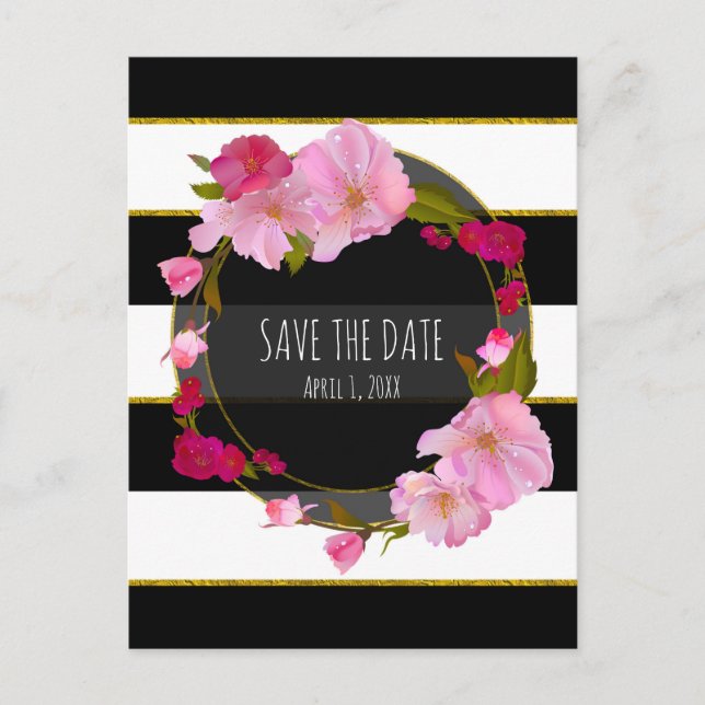 Black White and Gold Modern Floral Save The Date Announcement Postcard (Front)