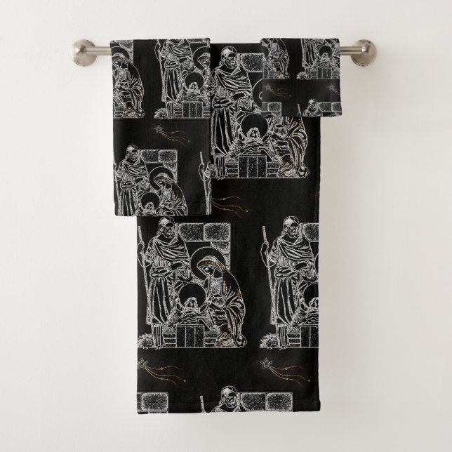 BLACK WHITE AND GOLD NATIVITY BATH TOWEL SET (Insitu)