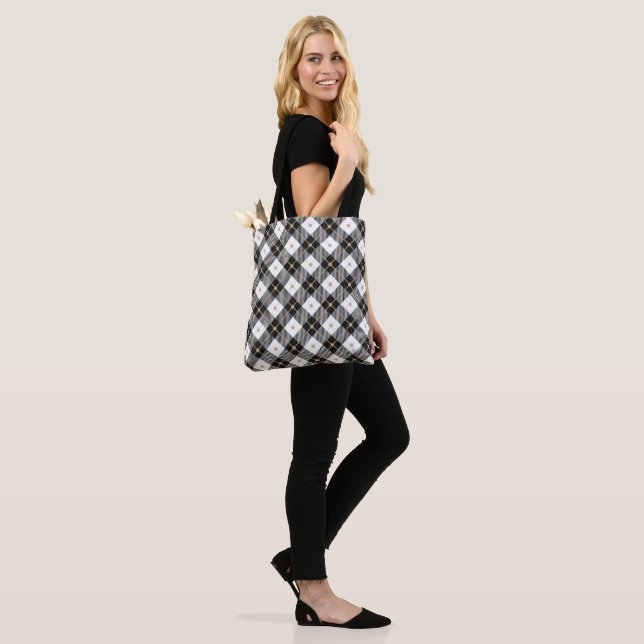 Black White and Gold Plaid Tote Bag (On Model)