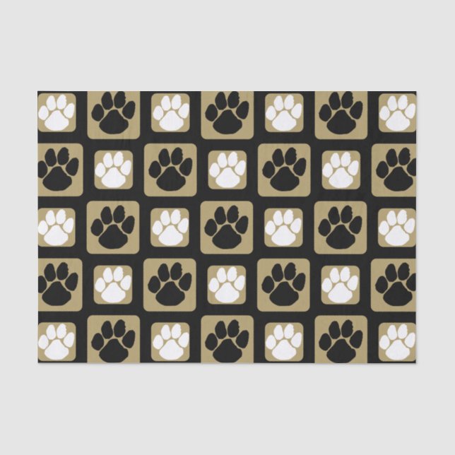Black, White and Gold Repeating Pawprint  Tissue Paper (Front)