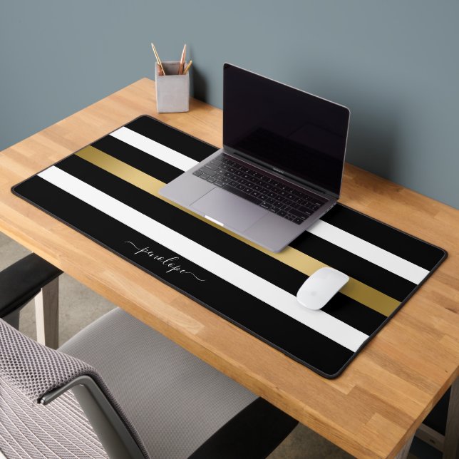 Black white and gold stripes desk mat (Office 2)
