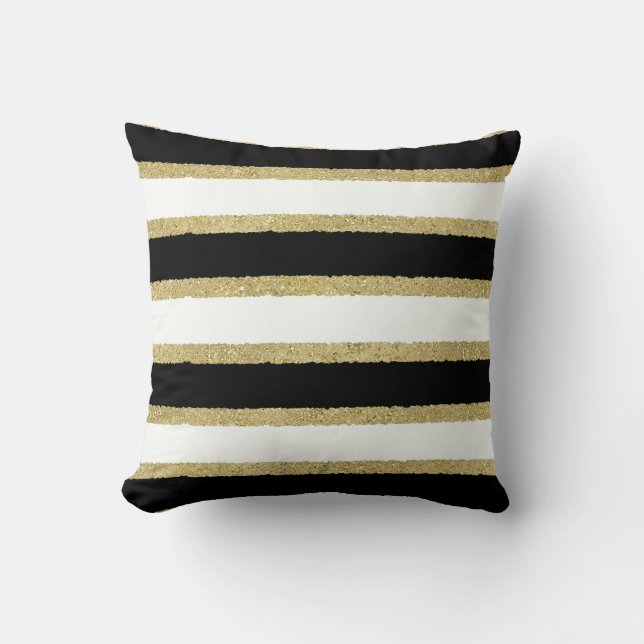 Black, White, and Gold Stripes Throw Pillow (Front)