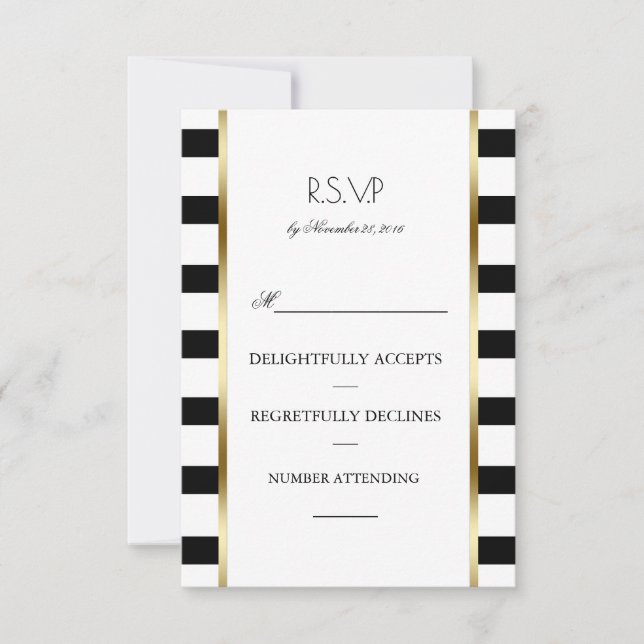 Black White and Gold Stripes Wedding Rsvp Card (Front)