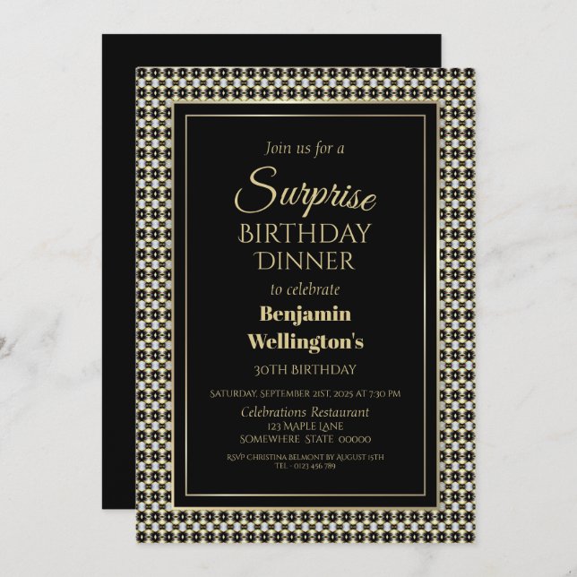 Black White and Gold Surprise 30th Birthday Dinner Invitation (Front/Back)