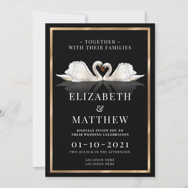 Black, White and Gold Themed with Swans Wedding Invitation (Front)