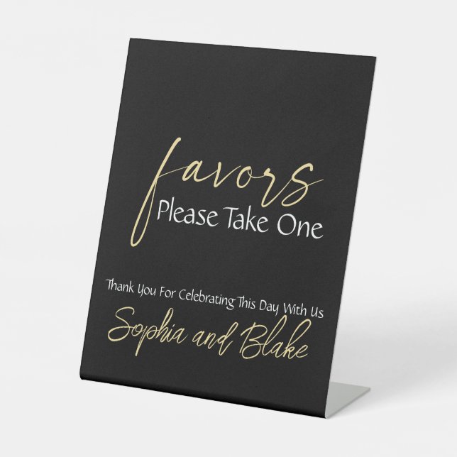 Black White and Gold Wedding Favours Pedestal Sign (Front)