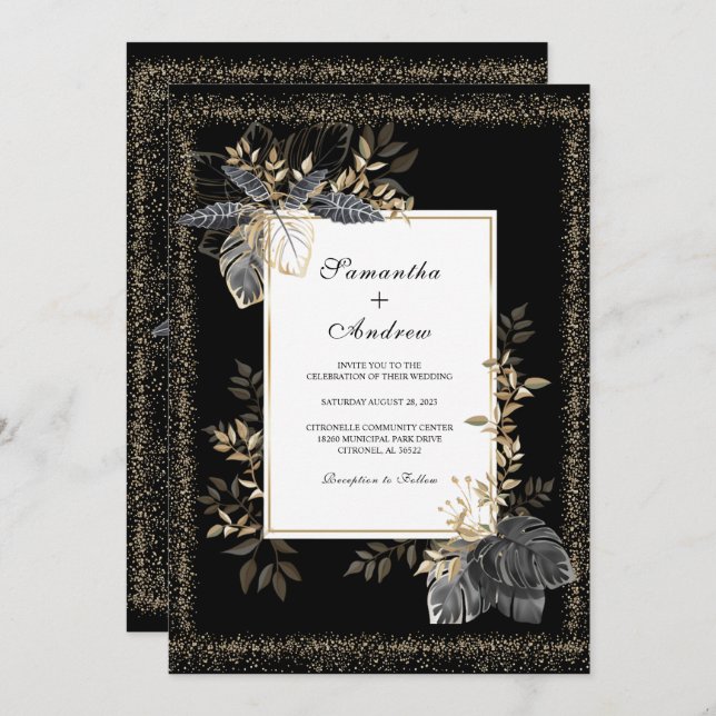 Black White And Gold Wedding Invitation (Front/Back)