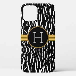 Black White and Gold Zebra Stripes with Monogram iPhone 12 Case