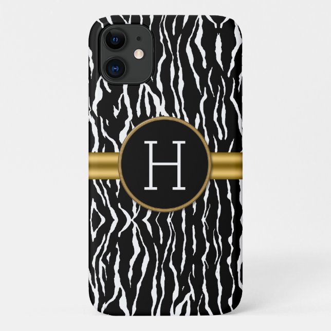 Black White and Gold Zebra Stripes with Monogram Case-Mate iPhone Case (Back)