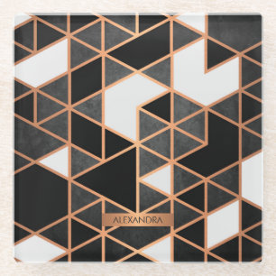 Black White and Golden Mosaic Glass Coaster
