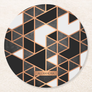 Black White and Golden Mosaic Round Paper Coaster